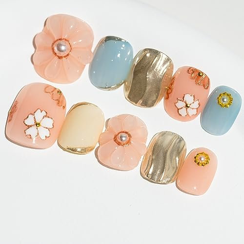 Sun&Beam Nails Handmade Press-on Short Squoval Round Pink Blue Gold Flower 3D Sweet Design Fashion False Nail Tips 10 Pcs Set (#100 M)