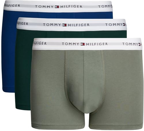 Tommy Hilfiger Men’s 3 Pack Trunks with Logo Waistband, Multicolor (Hunter/Stonewash Gr/Des Sky), XXL
