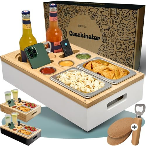 Premium Couchbar - Kiriholz - 3 Farben - 3 Dipschalen 2 Snackschalen 2 Untersetzer 1 Flaschenöffner, Snackbox Organizer Flaschenhalter - Sofa Butler Serviertablett (Weiß)