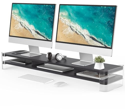 Fenge Dual Monitorständer Riser mit Acrylbein Großer Computer Bildschirmständer für Laptop/PC/Drucker/TV, Tragfähigkeit 45KG, 109,4x23,5x15cm Schwarz