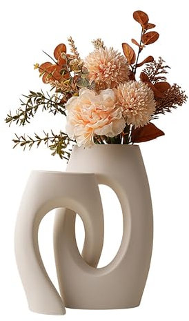 Donut Keramik Vase 2er Set in Weiß Matt - Minimalistische Boho Deko für Pampasgras, Wohnzimmer, Schlafzimmer, Küche, Büro, Hochzeitsdekoration