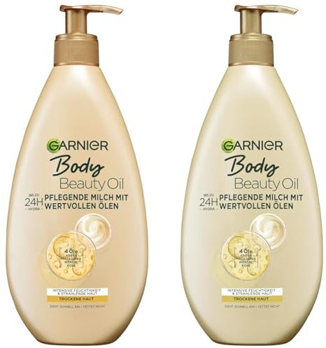 Garnier nährende Öl Milch/Körper Öl mit 4 wertvollen Ölen: Argan, Macadamia, Mandel, Rose, für trockene Haut- fettet nicht, klebt nicht, Oil Beauty, 2er Pack - 400ml