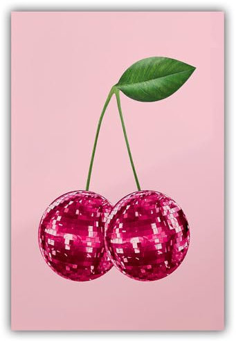 Retro-Discokugel-Poster, Motiv: Kirschen, rosa, lustig, trendig, Wandkunst, Kirsche, Poster, Zimmer, Ästhetik, Mädchenzimmer, Bar, Wagen, Wohnzimmer, Esszimmer, Wandkunstdruck, dekorative Leinwand