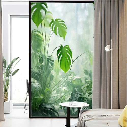 Sichtschutz-Fensterfolie mit grünen Pflanzen-Print Milchglas statisch Haftend Fensterbehandlungen Glasaufkleber Dekorative Folie für Verkleidung Glastür Hausdekoration 60x160cm (23,6x63)