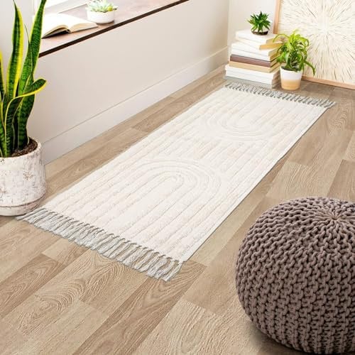 INKAROBOX Boho-Badezimmerteppiche, böhmischer Küchenläufer, Bauernhaus-Eingangsteppich aus Baumwolle für Schlafzimmer/Waschküche, gewebter Teppich. (Beige Rainbow, 60 x 130 cm)