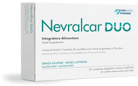 RIVER PHARMA® Nevralcar Duo 60 compresse - Integratore Alimentare in compresse a rilascio modificato a base di Acetil L-Carnitina, Beta-cariofillene e Citicolina
