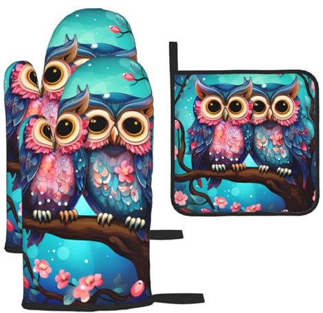 Ofenhandschuhe und Topflappen, Motiv: niedliche Cartoon-Tiere, Eule, bedruckt, hitzebeständige Ofenhandschuhe zum Kochen, Backen, Küche, Grillen