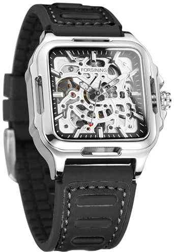 FORSINING Herren Wasserdicht Skelett Stilvolle Uhr Automatische Steampunk Selbstaufzug Silikonband Leuchtende Quadratische Armbanduhr, 2-silber, Modern