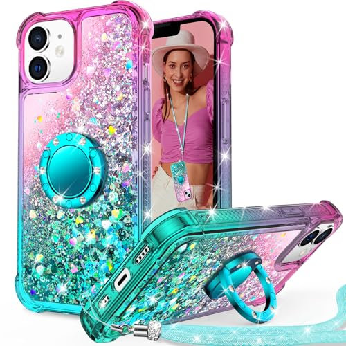 Unlicaku for iPhone 12/12 Pro Case with Stand, Sparkle Glitter Case with Ring and Lanyard, Women Girls Luxury Cute Bling Diamond Protective Phone Cover for iPhone 12/12 Pro, Green