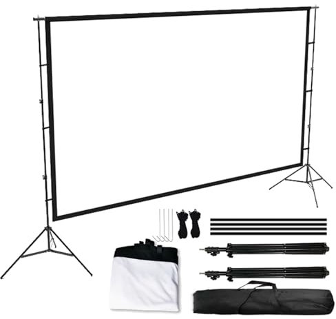 REBOTZ Projection Screen with Stand,60/84/100/120/150/165inch Portable Movie Screen 16:9 HD 4K Double Sided Projection Screen with Carry Bag Projector Screen with Aluminum Stands for Home Theater(84in