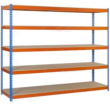 PROREGAL Schwerlastregal Wood Beast Five | HxBxT 250x120x75cm | 5 Ebenen | Fachlast 600kg | Blau-Orange | Weitspannregal Werkstattregal