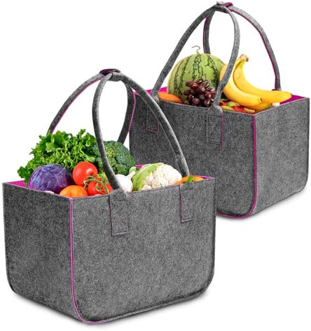 Leerweii Filz Einkaufstasche Groß 2 Stk, 30L Filztasche Shopper mit Innentasche Einkaufskorb Faltbar Filzkorb Kaminholztasche Kleiderkorb Spielzeugtasche (40x27x27cm, Außen Grau - Innen Rosenrot)