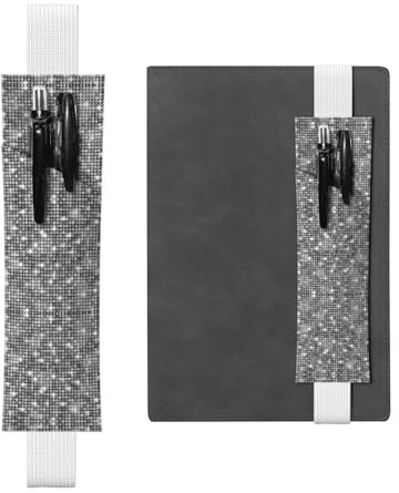 Silver Sequin Sparkle Pattern Print Adjustable Elastic Band Pen Holder Pu Leather Pen Sleeve Pouch for Hardcover Journals, Notebooks