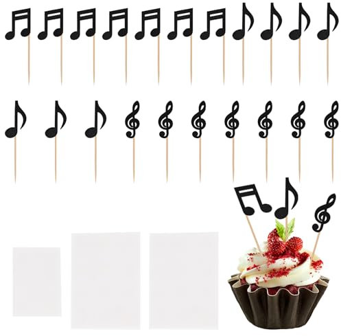 Amexo Musiknoten Ausschnitte Tortendeko, 24 Stück Cupcake-Topper mit Musiknoten, Noten Deko, Musik Party Dekorationen Glitzer Kuchen Deko, Musical Symbol Cupcake Toppers für Rock Musikpartys (Schwarz)