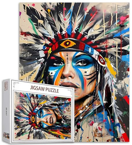 1000 Stück Jigsaw Puzzle-schöne Native American Frau Porträt 1000 Stück für Erwachsene, Bunte amerikanische Kunstwerk Puzzles Erwachsene African Female Warrior Puzzles Erwachsene 1000 Stück Puzzles