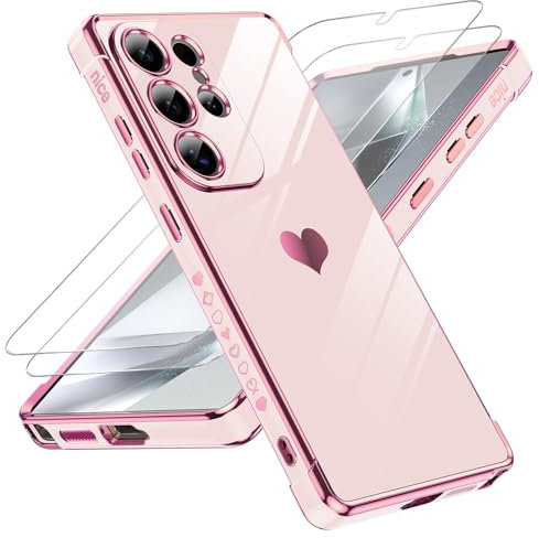 LeYi Funda para Samsung Galaxy S25/S 25 Ultra, Silicona Carcasa con 2pcs Cristal Templado, Corazón Amor Mujer Estuche Protector Galvanizado Suave TPU Bumper Resistente Antigolpes Móvil Case, Rosa