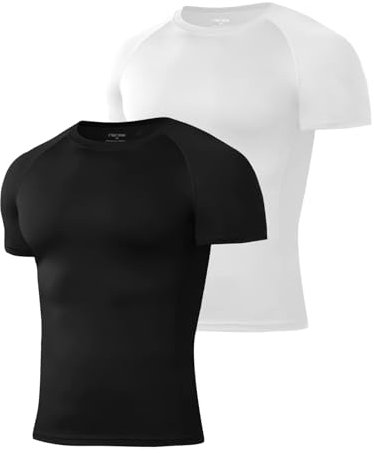 Niksa 2Packs Compression Tops for Men Short Sleeve Mens Running T-Shirts Mesh Design Quick Dry Base Layer Shirts for Gym Sports Fitness Workout Cycling,Training, Black and White,L