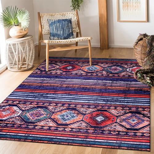 NETLINE HOME Teppich Wohnzimmer - Waschbarer - Teppich Rutsch Stop - rutschfeste Teppiche Aus Baumwolle Gewebt - Vintage Boho Teppich Für, Schlafzimmer Küche Flur Und Salon (LILA, 120X180)