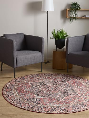 Interiyou Vintage Teppich Wohnzimmer Gent - 160x160 cm Rund Multicolor/Beige - Für Schlafzimmer, Esszimmer, Kinderzimmer - Kurzflor waschbar und rutschfest, Print Muster