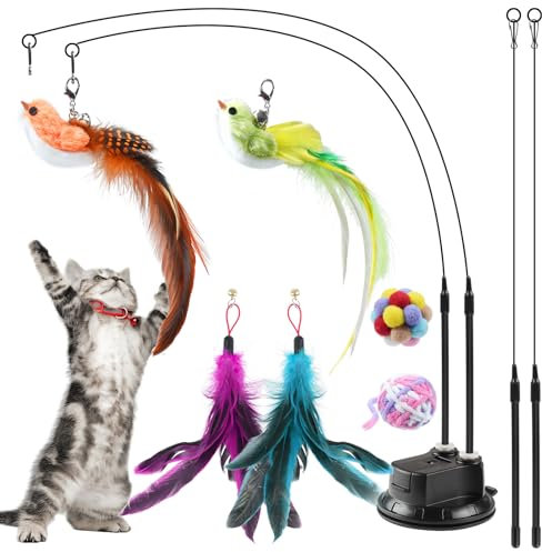 ROSAUI 11-Pack Cat Toy Set with Suction Cup Base, Interactive Bird & Feather Teasers, Yarn Balls – Fun and Exercise for Cats and Kittens, Perfect for Indoor Cats & Kittens Play