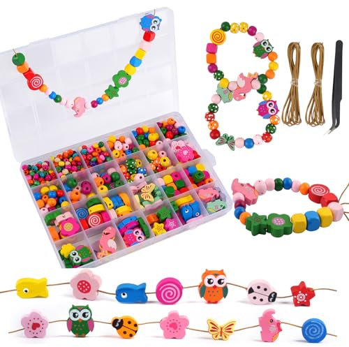 Holzperlen zum Auffädeln 433 Stück, Bunt Perlen zum Auffädeln Kinder, Blumen und Tiere Holzperlen mit Schnur, für DIY Armbänder Bastelset Schmuckherstellung