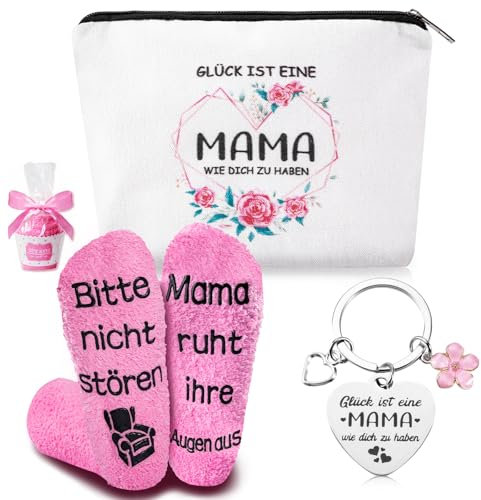SREBIWO 3 Stück Set Geschenke für Mama Socken Lustige Muttertagsgeschenk für Mama Mutter inklusive Kosmetiktasche Schlüsselanhänger Mama Geburtstagsgeschenk für Mama Beste Mama Geschenk Muttertag