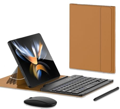 Étui de protection pliable en cuir avec clavier sans fil pour Samsung Galaxy Z Fold 4/Fold 3, support créatif et stylet souris Bluetooth (marron)