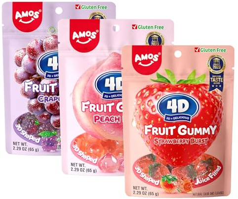 AMOS 4D Gummy Sweets Candy, Fruit Burst Sweet Candy 3 Flavors (Strawberry & Peach & Grape), Center Fill Real Fruit Juice Sweets, Chews Snacks Sweet Party 65G/Bag- 3Bags