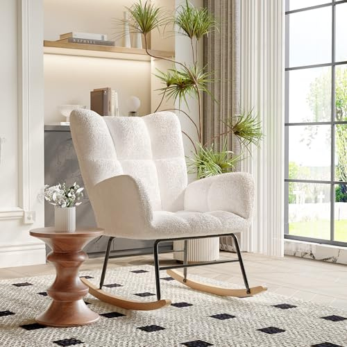 Aneutr Fauteuil à Bascule, Fauteuil Allaitement, Rocking Chair avec Pieds en Bois Massif, Chaise à Bascule en Velours Teddy pour Salon Chambre à Coucher,Bureau (Blanc cassé)