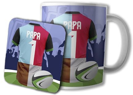 AK Giftshop Rugby Papa Mug and Coaster Gift Set, 320ml Ceramic Cup, Sports Jersey Design (HARLEQUINS)