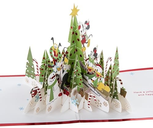 Hallmark 3D & Pop-Up Christmas Card, Disney,Mickey Mouse, Minnie Mouse, Pluto, Donald Duck, Daisy Duck, Goofy, Red