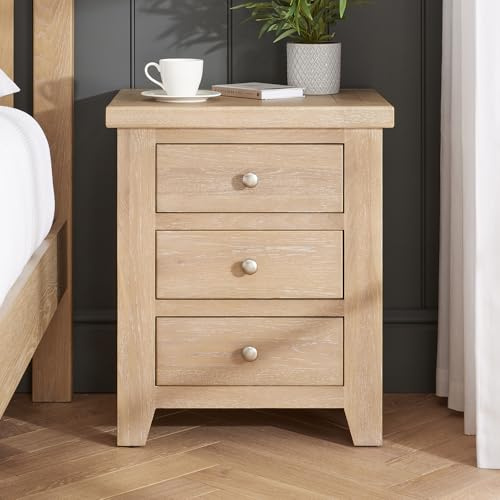 Cheshire Whitewash Oak 3 Drawer Bedside | Solid Oak Shaker Style | Fully Assembled | Whitewashed Finish | Two Handle Options | Durable & Stylish Oak Bedside Table | H 635 x W 530 x D 410mm