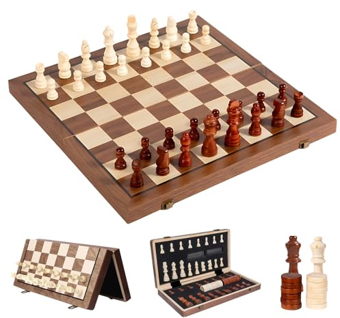 WDKXCN Schachbrett Holz [39x39 cm], Faltbares Magnetisches Schachspiel, 2-In-1 Dame und Chess Board Set, Schachspiel Holz, Tragbares Reiseschach für Kinder Erwachsene Party Familie Aktivitäten