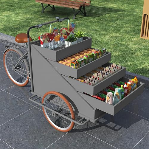 Mobiler Dreirad-Verkaufswagen – Lebensmittelwagen-Anhänger, Eiswagen, Snack- und Getränkekiosk, grauer Dreiradständer für Kaffee, Blumen und mehr