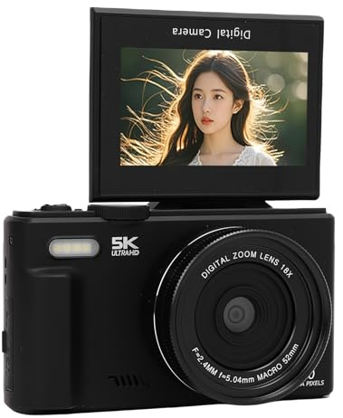 Akozon Caméra Numérique 5K 75MP UHD AF Autofocus 18x Zoom WiFi Camera Webcam avec 3 Pouces Flip Screen Flash pour Le Vlog de Voyage (64GB)