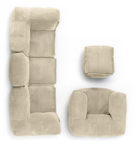 LUMALAND Modular Basic Set Cord | Sitzsack Sofa inkl. Sessel & Pouf | 5x Indoor Bean Bag mit Füllung | Modulares Sofa mit EPS Perlen | XXL Sitzkissen Lounge für Wohnzimmer, Schlafzimmer & Kinderzimmer