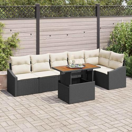 Frdhee Sitzgarnitur Eck Sofa Gartensofa,Garten Essgruppe 7 pcs Schwarz und Creme 100 x 55 x 73 cm,Für Outdoor Garten Terrasse Balkon