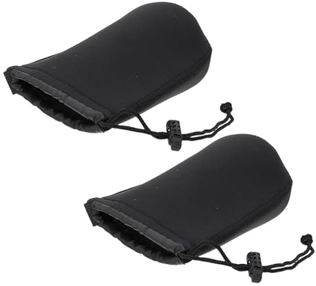 2 Stück-pack Objektivtasche aus Neopren mit Haken für Kameralinsen | Schwarz, Zugbandverschluss und Elastische Öffnung, mit Karabiner und Haken für Spiegellose Sowie DSLR Linsen