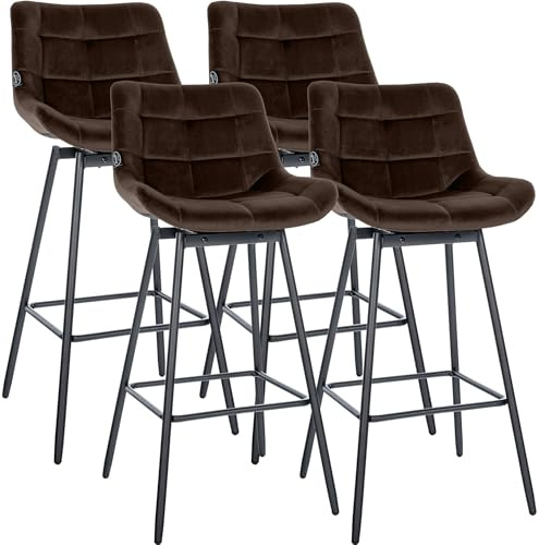 CLP Barhocker 4er Set mit Lehne Weston, Barstuhl drehbar 180° Schwenkfunktion, gepolsterter Sitz, stabiles Metallgestell, Farbe:braun, Material:Samt