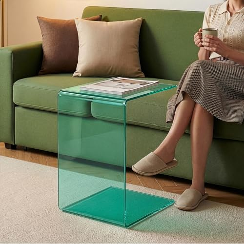 [en.casa] Beistelltisch Couch Trölmapilu Couchtisch Glas C-Form Tisch Wohnzimmer Glastisch quadratisch 60 x 40 x 40 cm Nachttisch Laptoptisch Grün
