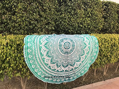 raajsee Indien Strandtuch Rund Mandala Hippie/Groß Indisch Rundes Baumwolle/Boho Runder Yoga Matte Tuch Meditation/Tischdecke Rund aufhänger Decke Picknick handgefertigt Teppich 70 inch (Grün Ombre)