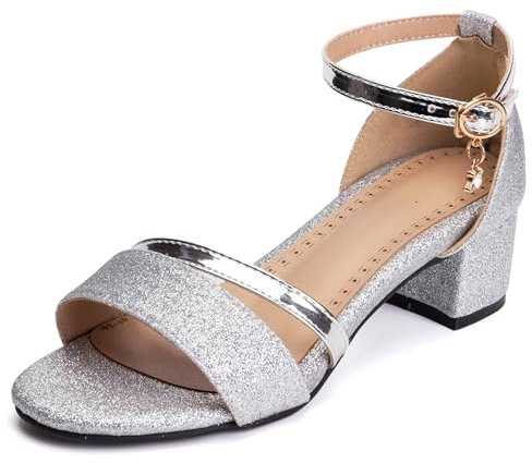 Onewus Chunky Damen Sandalen mit Absatz Schmale Passform Glitzer Stilvolle bequeme Sommerschuhe Ideal für schlanke und zierliche Damen (Silber, 37 EU)