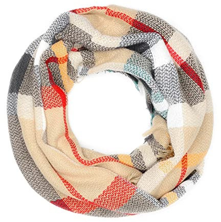 Autiga Damen Loop Winterschal Strickschal Karo Schal Schlauchschal beige-schwarz unisize