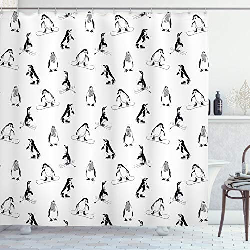 ABAKUHAUS Pinguin Duschvorhang, Skifahren Penguins in Schale, Stoffliches Gewebe Badezimmerdekorationsset mit Haken, 175 x 240 cm, Weiß und Schwarz