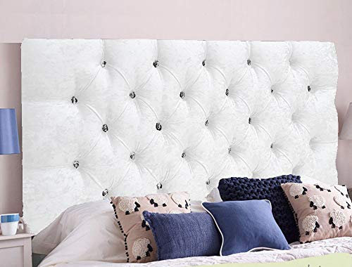 Chesterfield Diamante Frame Divan Bed Headboard | Crushed Velvet Headboards for 4ft6 Double Size Bed | Elegant design with wooden material headboards for beds (White, 4ft6 Double Height-20inch)
