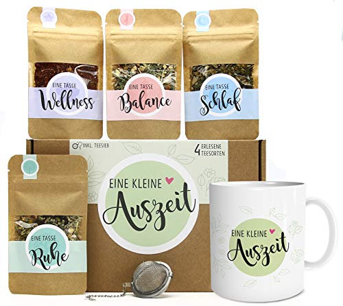 OWLBOOK Tee Geschenkset | Geschenke für Frauen und Männer | inklusive Teesieb und 4 Teesorten (Set, Auszeit)