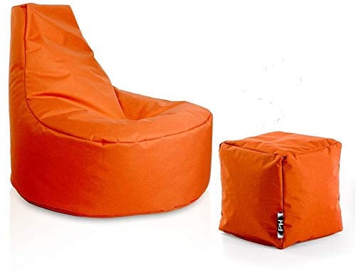 PATCH HOME Gamer Sessel Sitzsack inkl. Würfel Bean Bag Set Ø80cm, 30cm Sitzhöhe, 90cm Höhe + 35x35cm Würfel Orange