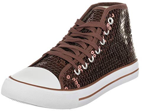 Brandsseller Damen Glitzer Sneaker Pailletten Halbhoch Damenschnürer Damenboots (Braun, Numeric_41)