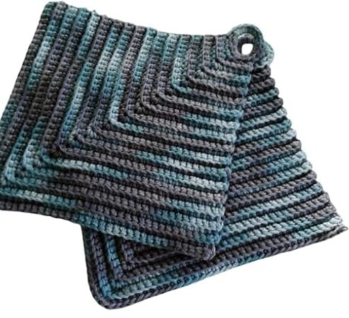 dicke klassische gehäkelte Topflappen, ca. 19 x 19 cm, Grautöne-Grüntöne-Mix