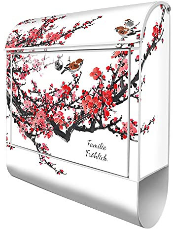 banjado Design Briefkasten personalisiert 38,5x46,5x13cm & 2 Schlüssel - Briefkasten Stahl Weiß Zeitungsfach pulverbeschichtet - Postkasten A4 Einwurf inkl. Montagematerial - Motiv Japanische Blüten 1